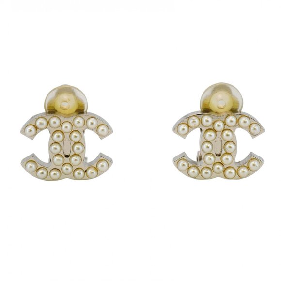Chanel Coco Mark Metal Faux Pearl Silver Earrings for Women - Picture 1 of 6